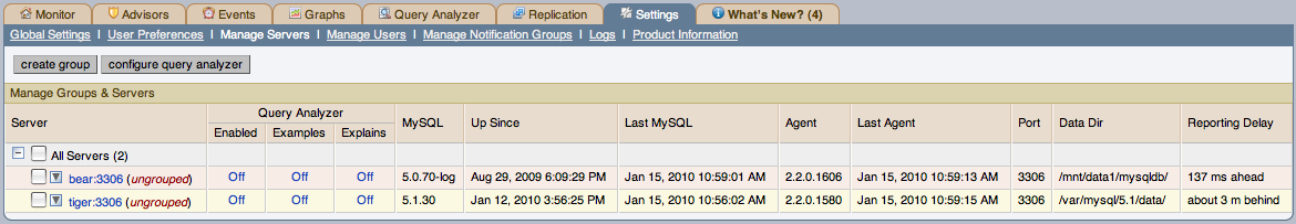 MySQL Enterprise Dashboard: Manage Servers